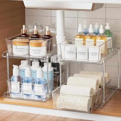 Bathroom Under Sink Organizers and Storage, 2 Tier, 2 Packs | Clear Vanity Countertop Pull-out Cabinet Organizer, Stackable Multi-Purpose Kitchen Pantry Organization with Dividers