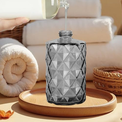 12Oz Gray Glass Soap Dispenser, Liquid Hand Bottle, Stainless Steel Pump | Refillable Clear Kitchen Soap Dispenser with Diamond Design, for Hand soap, Dish Soap, Lotion, Bathroom, Countertop, Hotel - color: Diamond Gray