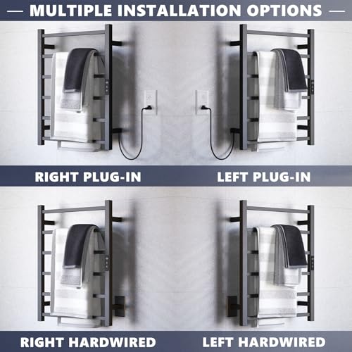 Heated Towel Rack with 24hr Timer, Matte Black, Plug-in/Hardwired | 304 Stainless Steel, Wall Mounted 6-Bar Electric Towel Warmer Rack for Bathroom, with Temperature Control, 105W