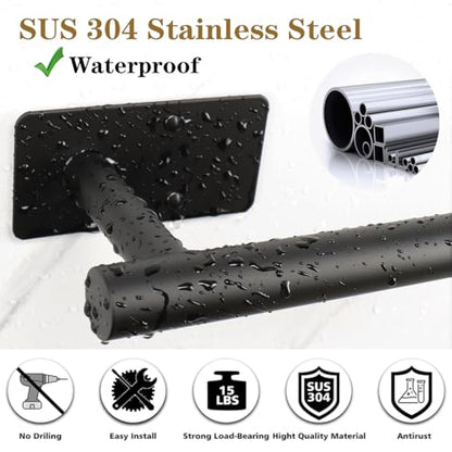 5 PCS Self Adhesive Bathroom Hardware Set, Stainless Steel Towel Rack Set Include Adjustable 24In Bath Towel Bar+Toilet Paper Holder+3 Towel/Robe Hooks Bathroom Accessory(Matte Black) - color: Matte Black, size: 24 In-5 Pcs