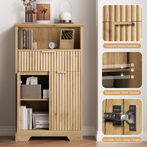 Fluted Buffet Cabinet with Storage, Modern Coffee Bar Cabinet | With Drawer & Adjustable Shelf, Wood Sideboard Cabinet for Kitchen, Bathroom, Entryway and Living Room Natural - color: Natural