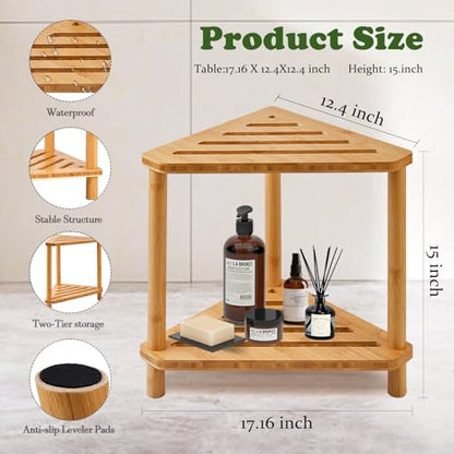 Corner Shower Stool for Inside Shower 2-Tier,Bamboo Shower Bench | Shower Caddy For Foot Rest with Storage,Bathroom Stool For Shaving Leg,Space Saving,Waterproof,Durable, Easy To Assemble - style: GU-QZST