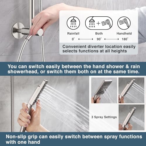 BRIGHT SHOWERS Rain Shower Heads System, Rainfall Shower Head with Handheld Spray Combo Includes Solid Brass Slide Bar, Height Adjustable Holder, Shower Extension Arm and 60" Long Hose, Brushed Nickel - color: Brushed Nickel