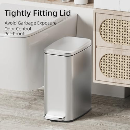 KUK Slim Bathroom Trash Can with Lid, 1.6 Gal / 6L Stainless Steel Small Garbage Bin with Detachable Inner Bucket, Step Pedal, Silent Close, Wastebasket for Toilet, Bedroom, Home, Office (Silver) - color: Silver
