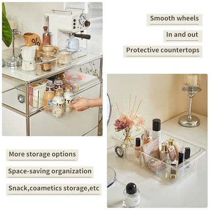 Roll-Out Refrigerator Organizers and Storage, 3 Pack Drawer Fridge Bins | Rolling Fridge Caddy, Silicone Wheels, Adjustable Dividers, Plastic Refrigerator Tray, for Fridge, Pantry, Bathroom & Kitchen - size: 3pack