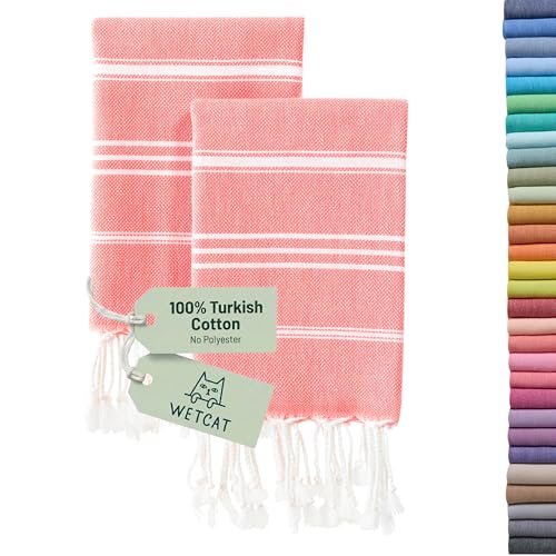WETCAT Turkish Hand Towels with Hanging Loop, Set of 2 (20" x 30") 100% Turkish Cotton, Pre-Washed, Quick Drying, for Kitchen or Bathroom - Dark Coral - color: Dark Coral