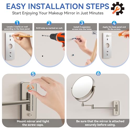 Auxmir 8" Double-Sided Wall-Mounted Makeup Mirror, 1X/30X Magnifying Mirror | stainless steel, 13-inch extendable swivel arm, 360°shaving rotation, bathroom makeup mirror, tweezers, Nickel - color: Nickel-1x/30x