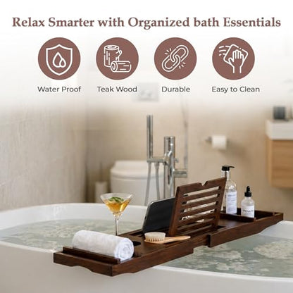 Expandable Teak Wood Bathtub Tray Caddy with Wine Glass Holder – Adjustable Luxury Wooden Bath Tub Tray Table for Spa, Book, Tablet & Bathroom Accessories