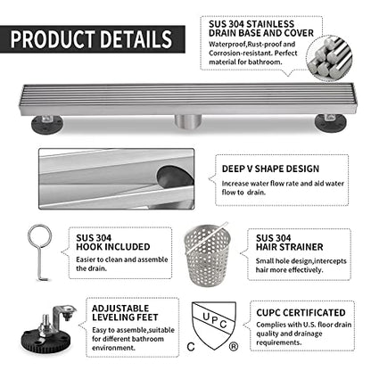 Linear Shower Drain 32 Inch, Brushed Nickel 304 Stainless Steel Rectangular Shower Drain, 51L/Min Fast Drainage Floor Linear Drain, US Standard CUPC Certified, Brushed Silver, SD-108-32S - color: Brushed Silver, size: 32 Inch
