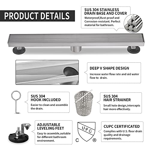 Linear Shower Drain 36 Inch, Brushed Nickel 304 Stainless Steel Rectangular Shower Drain, 51L/Min Fast Drainage Floor Linear Drain, US Standard CUPC Certified, Brushed Silver, SD-108-36S - color: Brushed Silver, size: 36 Inch