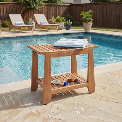 Teak Shower Bench Stool, 21'' Waterproof Wood Spa Bath Bench with Storage Shelf, Non-Slip Solid Teak Shower Seat Chair for Bathroom Inside Shower and Outdoor Use - size: 21''W x 13''D x 17''H