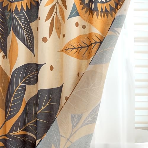 Burnt Orange Botanical‌ Pattern Linen Shower Curtain Set with Liner | Double Layer Shower Curtain Waterproof Fabric with Zippered Removable PEVA Liner,Boho Shower Curtain for Bathroom,Free Hooks - color: Sunflower