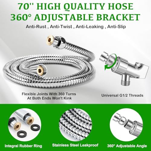 OHDAY® High Pressure Shower Head with Handheld Built-in Power Wash 6-Mode | Powerful Showerhead with 70'' Stainless Steel Hose,Adjustable Bracket,Power Wash for Tub,Tile,Pet & Bathroom Corner