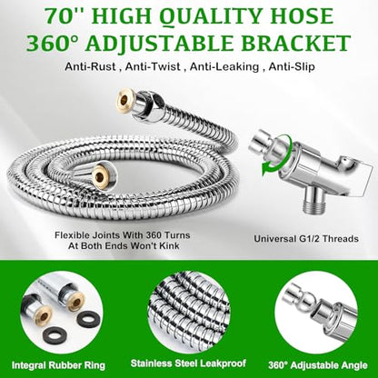 OHDAY® High Pressure Shower Head with Handheld Built-in Power Wash 6-Mode | Powerful Showerhead with 70'' Stainless Steel Hose,Adjustable Bracket,Power Wash for Tub,Tile,Pet & Bathroom Corner
