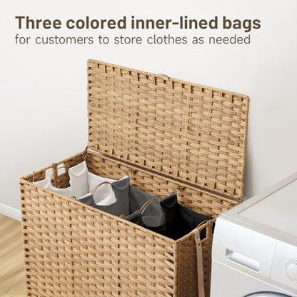 Laundry Hamper with Wheels, 52.8 Gallon(200L) Rolling Laundry Basket with Lid, Removable Large 3 Color Liners & 3 Mesh Laundry Bags, Clothes Hamper with Side Pocket, Natural - color: Natural, size: 31.5"L x 15.75"W x 25.6"H