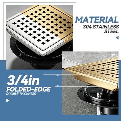 Square Shower Floor Drain, Matte Black Finish, Grid Pattern Strainer Cover (Gold, Grate) - color: Gold