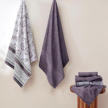 Modern Threads 6 Piece Bath Towel Set – Bathroom Set with 2 Bath Towels, 2 Hand Towels, and 2 Wash Cloths – 100% Cotton, Super Absorbent & Extra Soft – Reversible Floral Trail (Purple) - color: Purple
