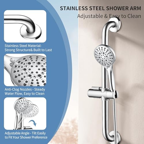 BRIGHT SHOWERS Stainless Steel Grab Bar Set – Includes Handheld Shower Head with Extra Long Hose, Shower Head and Hose Chrome Plated - color: chrome plated