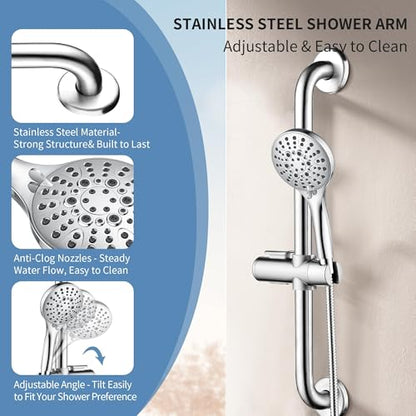 BRIGHT SHOWERS Stainless Steel Grab Bar Set – Includes Handheld Shower Head with Extra Long Hose, Shower Head and Hose Chrome Plated - color: chrome plated