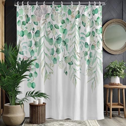KAIRA Eucalyptus Shower Curtain,72"x72",Modern Bathroom Decor,Emerald Mint | Plant Leaves Design,Includes Hooks,Polyester Fabric,Create a Spa-inspired Look for Modern, Farmhouse and Minimalist Bathrooms - color: Emerald Mint