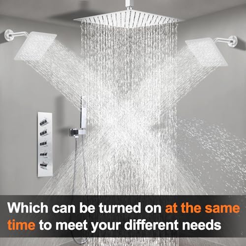 Thermostatic Shower System three Shower Heads with 16" Ceiling Mounted Rain Shower Head & 2 x 6" Wall Mounted Head 4 Function Full Body Shower System Can All Run Together, Chrome - color: Polished Chrome
