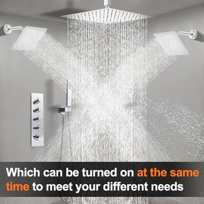Thermostatic Shower System three Shower Heads with 16" Ceiling Mounted Rain Shower Head & 2 x 6" Wall Mounted Head 4 Function Full Body Shower System Can All Run Together, Chrome - color: Polished Chrome