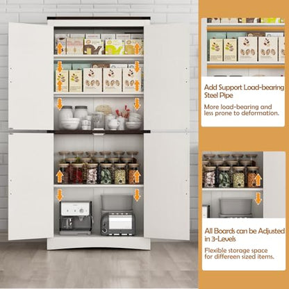 Hlivelood 71" Tall Kitchen Pantry,Farmhouse Storage Cabinet with Adjustable Shelves,Load-Bearing Steel Pipe,Farmhouse Pantry Cabinet with 4 Barn Doors,for Kitchen,Dining Room,Living Room(Rustic White) - color: Rustic White