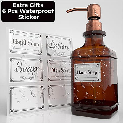 GLADPURE Soap Dispenser 2 Pack, Hand Soap Dispensers with 18 Oz Antique Design Thick Amber Glass Bottle, 316 Rust Proof Stainless Steel Pump, 6Pcs Stickers, for Lotion, Soap - Brushed Copper - color: Brushed Copper