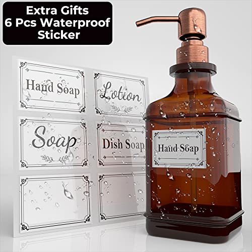 GLADPURE Soap Dispenser 2 Pack, Hand Soap Dispensers with 18 Oz Antique Design Thick Amber Glass Bottle, 316 Rust Proof Stainless Steel Pump, 6Pcs Stickers, for Lotion, Soap - Brushed Copper - color: Brushed Copper