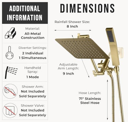 G-Promise All Metal 8-Inch Dual Square Shower Head Combo, Rain Shower Head, Handheld Shower Wand with 71-Inch Extra Long Hose, 3-Way Diverter, Adjustable Extension Arm, Brushed Gold | Built to Last, Easy Install, Adjustable Height & Angle for All Heights,