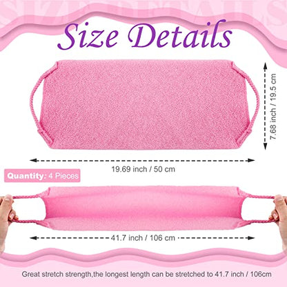 Moukeren Exfoliating Back Scrubber with Handles 4 Pack Nylon Back Exfoliator Extended Length Washers Scrubbers Stretchable Pull Strap Exfoliating Washcloth(Pink, Purple) - color: Pink, Purple