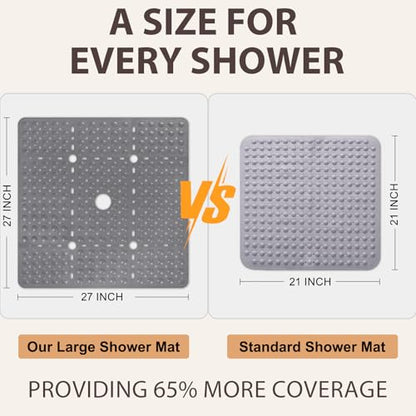 ZOESOE Square Shower Mat Non Slip: 27 x 27 Inches Large Shower Mats for Inside Shower, Soft TPE Shower Floor Mat with Suction Cups and Drain Holes, Machine Washable - color: Grey