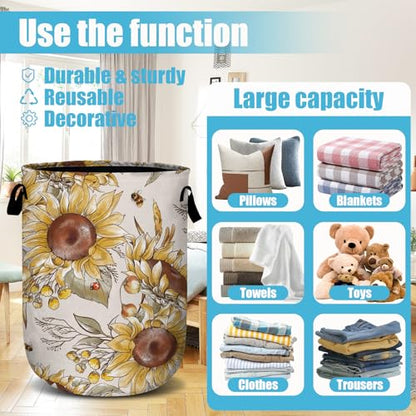 Fall Sunflowers Laundry Basket, Ladybird Honeybee Laundry Hamper Collapsible Oxford Cloth with Handle Clothes Storage Bin for Bathroom Laundry Room Bedroom 15.7 X 20 Inch - color: Fall Sunflowers Ladybird Honeybee