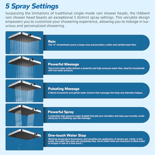 Hibbent cUPC Certified High Pressue 13'' Rainfall Shower Head with 5-Spray | Shower Heads with Handheld 10-Spray Combo, All Metal Easy Reach 4-way Diverter Extension Arm, 71'' Hose & Holder, Chrome - color: Chrome, style: Square 13"