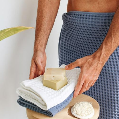 Waffle Bath Sheet Set, 100% Turkish Cotton, Includes 1 Bath Sheet, 1 Hand Towel, 2 Face Towels - color: Denim, size: Bath Sheet Set (4 Pieces)