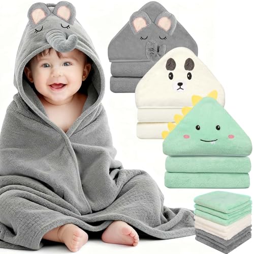 Sublaga 12 Pcs Baby Towels and Washcloths Set, 3 Pcs Baby Bath Towels & 8 Pcs Washcloths Set, Cute Baby Towels, Ultra Absorbent Soft Newborn Bath Essentials Gifts for Boys & Girls - color: Green Dinosaur, White Bear, Gray Bear