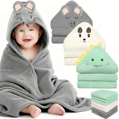 Sublaga 12 Pcs Baby Towels and Washcloths Set, 3 Pcs Baby Bath Towels & 8 Pcs Washcloths Set, Cute Baby Towels, Ultra Absorbent Soft Newborn Bath Essentials Gifts for Boys & Girls - color: Green Dinosaur, White Bear, Gray Bear