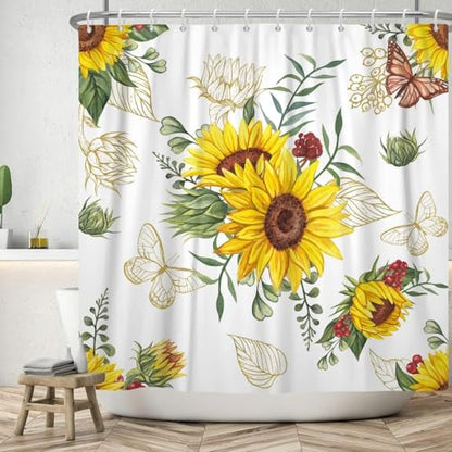 AWERT Vibrant Sunflower Shower Curtain for Bathroom,Waterproof Fabric Plants Shower Curtain with Hooks 60x72 inch - color: Sunflower, size: 60"W x 72"L (Pack of 1)