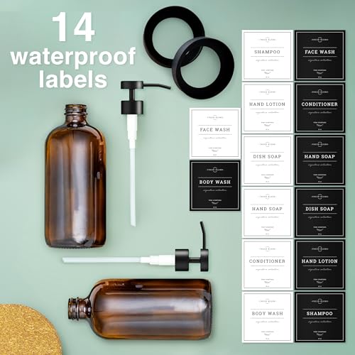 Vine Creations Amber Glass Soap Dispenser Set - Kitchen Soap Dispenser Set with Stainless Steel Pump - 16 oz Dish Soap and Hand Soap Dispensers for Bathroom with Silicone Pad & Waterproof Labels - color: Amber Bottle / Matte Black Flat-style Pump