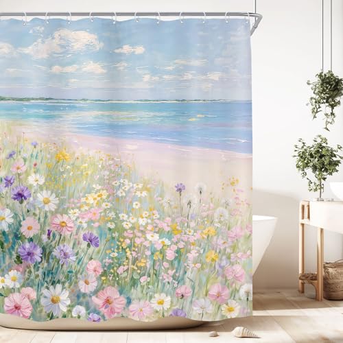 KOMLLEX Blue Ocean Beach Shower Curtain for Bathroom Decor 60Wx72H Inches Pink Ombre Oil Painting Botanical Coastal Aesthetic Wildflower Path Sea Waves Girly Fabric Waterproof Polyester 12 Pack Hooks - size: 60"W x 72"L (Pack of 1)