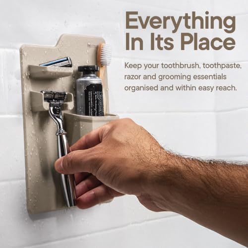 TOOLETRIES The Harvey Toothbrush & Razor Holder - Sand | Silicone bathroom organiser with a reusable adhesive mount for toothbrushes, toothpaste and razors.