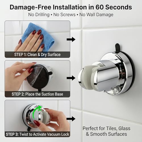 Shower Head Holder, No Drill Strong Suction Cup Shower Head Bracket, Adjustable Height & Angle Wall Mount for Handheld Showerhead, Reusable Tool-Free