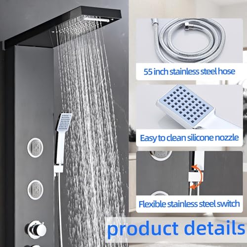 6 in1 Multi-Function Shower Panel Tower System-Brushed Black | 304 stainless steel Shower Panel Column Tower with Powerful Body Massage, Rainfall, Waterfall,Handheld and Tub Spout - color: Brushed Black, style: HSY-003