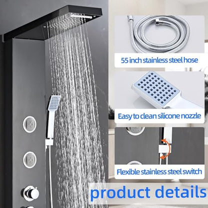 6 in1 Multi-Function Shower Panel Tower System-Brushed Black | 304 stainless steel Shower Panel Column Tower with Powerful Body Massage, Rainfall, Waterfall,Handheld and Tub Spout - color: Brushed Black, style: HSY-003