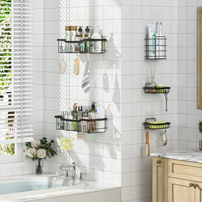 Simple Trending Shower Caddy, 5 Pack Rustproof Stainless Steel Shower Shelves, No Drilling Bathroom Organizer Adhesive with Large Capacity, Black Metal Storage Basket