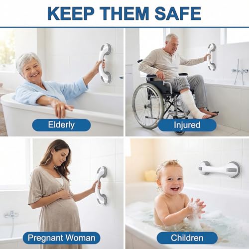 2 Pack Grab Bars for Shower - 12 Inch Suction Cup Shower Handle for Bathtubs, Strong Hold Bath Handles for Seniors, Handicap Safety Grip & Balance Assist, Tool-Free Installation