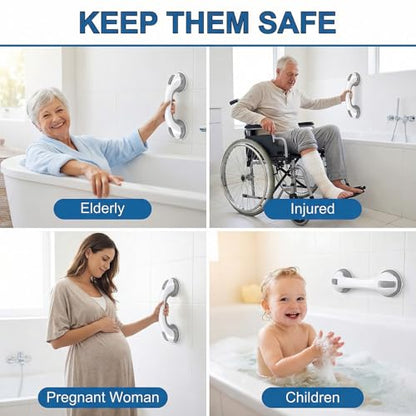 2 Pack Grab Bars for Shower - 12 Inch Suction Cup Shower Handle for Bathtubs, Strong Hold Bath Handles for Seniors, Handicap Safety Grip & Balance Assist, Tool-Free Installation