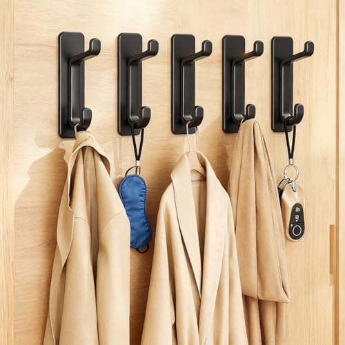 5PCS Self-Adhesive ABS Wall Hooks Bathroom Towel Clothes Hanging Hooks, No-Drill Easy Installation Water-Proof, 8.5 * 3 * 3.4cm, Black - color: Black