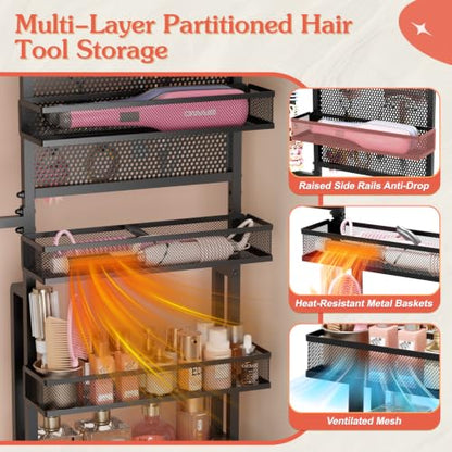VINAEMO Hair Tool Organizer Cart, Slim Rolling Hair Dryer Holder for Vanity Bathroom Salon, Hot Tool Storage Cart with Heat Resistant Basket for Curling Flat Iron, Blow Dryer Care & Styling Tools