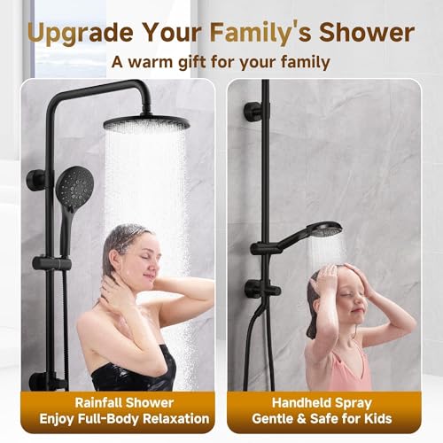 BRIGHT SHOWERS Rain Shower System Combo - 9 Inch Rainfall & Handheld Shower Heads with Power Wash, Solid Brass Rail, Height Adjustable Holder, 60 Inch Long Stainless Steel Hose, Matte Black - color: Matte Black, size: 1.8 Gallon Per Minute